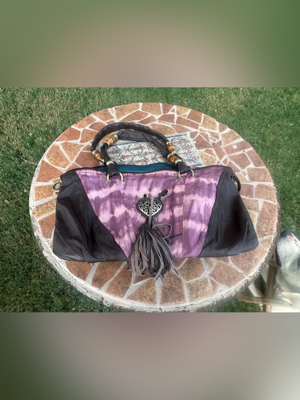 Vintage SHARIF New York Purple Tie-Dye Leather Hobo Bag with Heart Charm